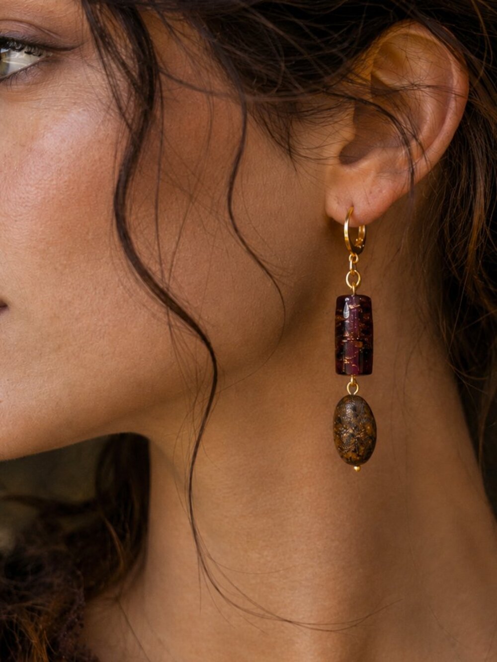 Whimsigoth Drop Earrings – Purple Lampwork Glass, Bronzite Stone Gold Leverbacks